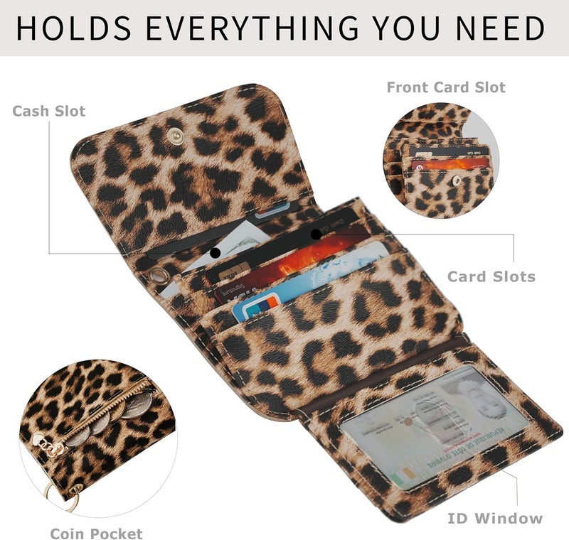 Sunpour Women Small Wallet RFID Blocking Slim Wallet with Coin Pocket Tri-Fold Credit Card Holder with ID Window and Keychain (Leopard) - Image 3